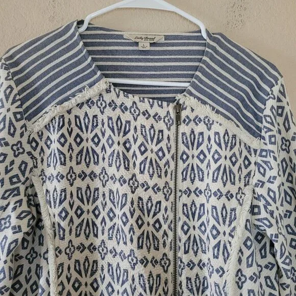 Lucky Brand Jacket Womens Sz Large Blue White Geometric Boho Western Casual Moto - Picture 2 of 8